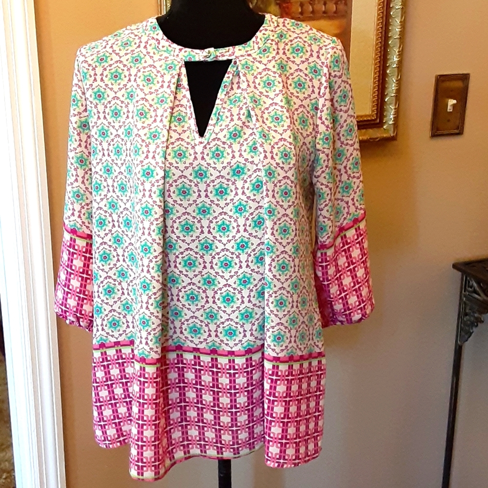 Peach Love aqua purple pink 3/4 sleeve stretch cuff contrast border sz Sm EUC…
